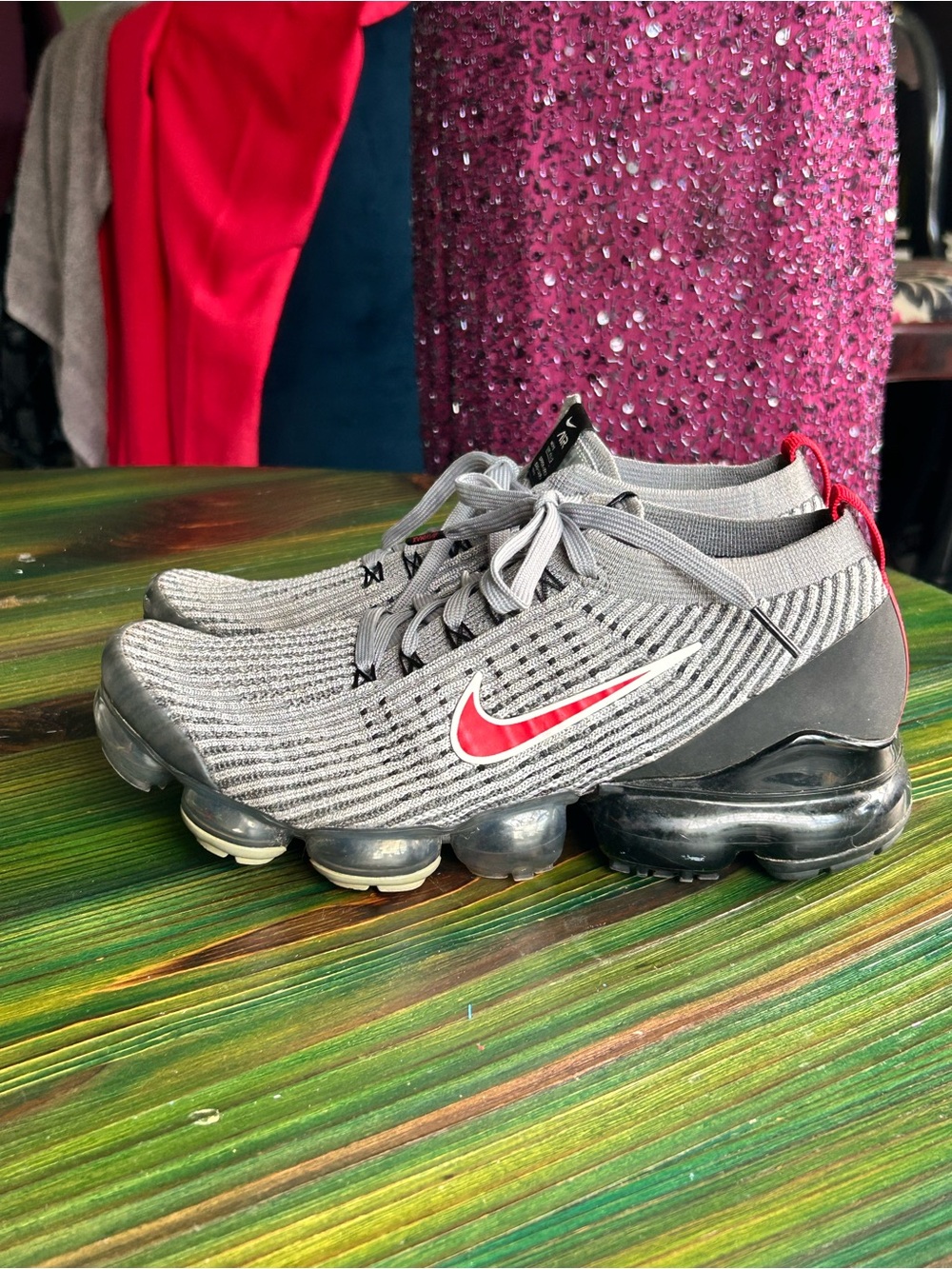 Nike Grey and Red Flyknit Athletic Sneakers